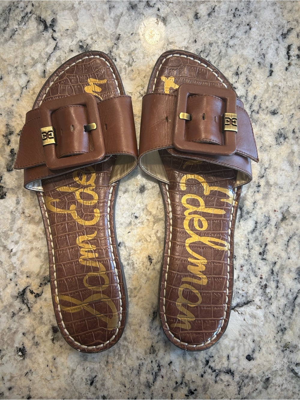 Sam Edelman Brown Leather Buckle Slide Mules